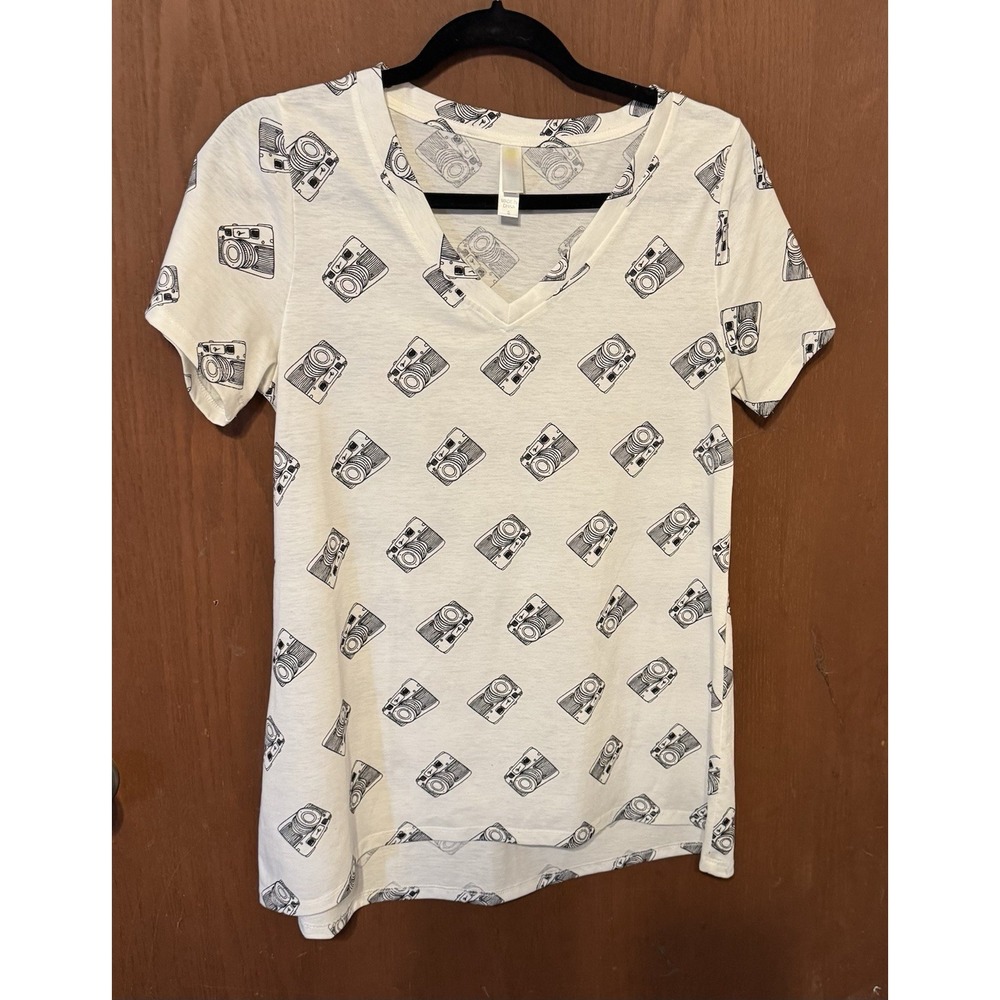 Lularoe Christy White Black Cameras V-Neck SS Shirt Sz S EXCELLENT  Tb13